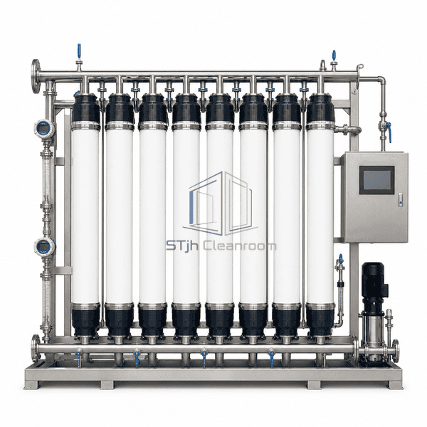 Ultrafiltration system straight front hollow-fiber module layout