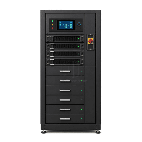 Front view of UPS power modules, battery drawers and color screen