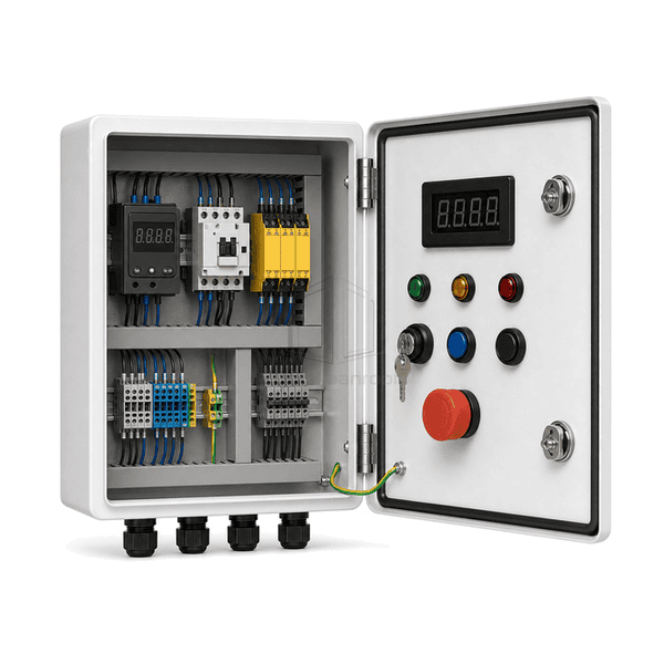 Close view of the key switch, warning output and door-interlock terminals