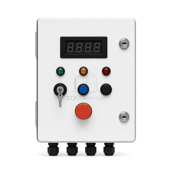 Front view of timer display, status lamps and sealed membrane buttons