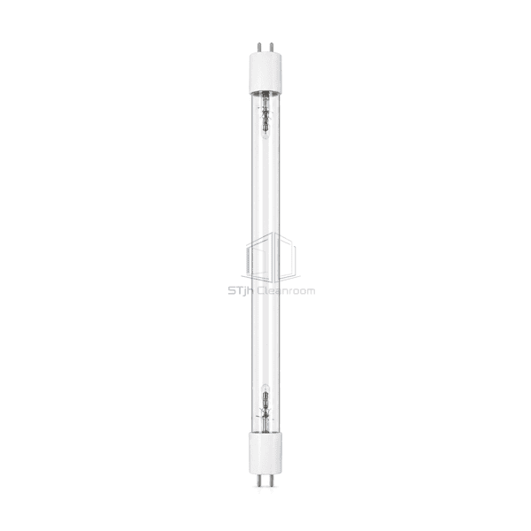 Straight upright front view of the complete T8 germicidal lamp and two white bi-pin end caps