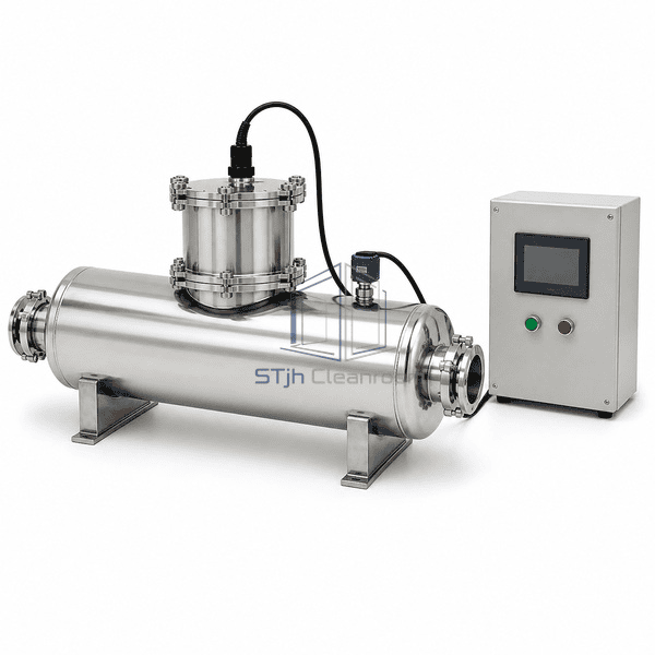 UV water sterilizer side view of lamp chamber and UV sensor