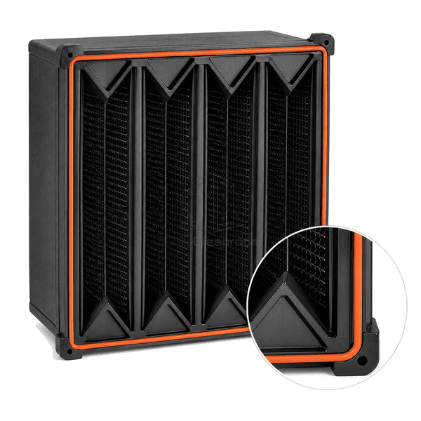Close view of activated-carbon cell retaining mesh and header gasket