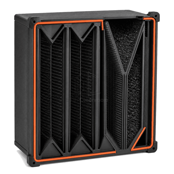 Side cutaway revealing angled carbon media cells in a deep frame