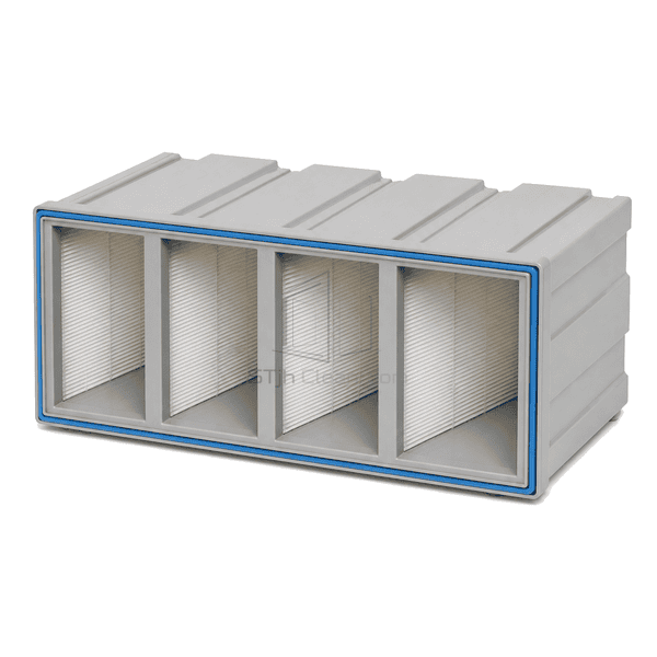 Horizontal full view of compact V-bank HEPA filter and rigid frame