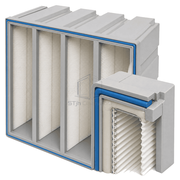 Close view of V-bank HEPA filter gasket frame and potted media-pack edge