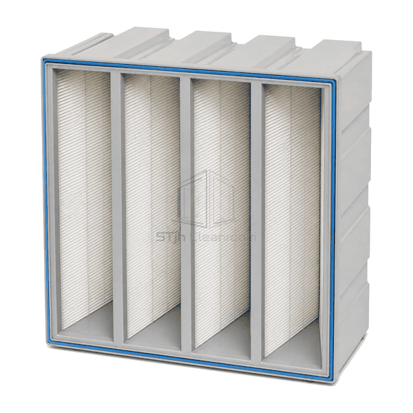 Three-quarter view of deep V-bank HEPA filter with multiple mini-pleat packs