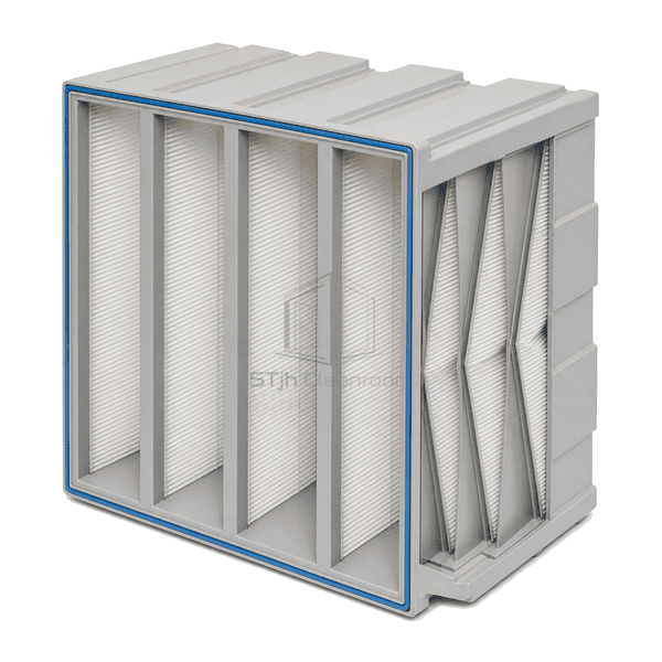 Side view of V-bank HEPA filter revealing angled glass-fibre media packs