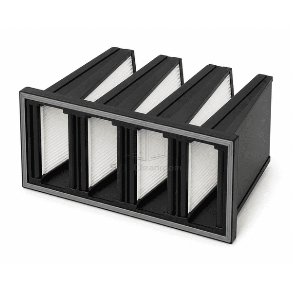 Complete horizontal V-bank filter with rigid end caps