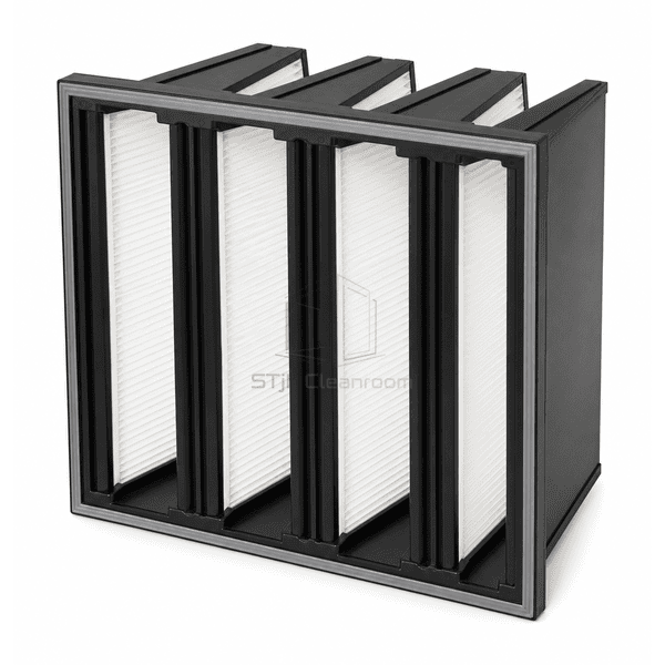 Three-quarter view of a multi-pack V-bank medium-efficiency air filter