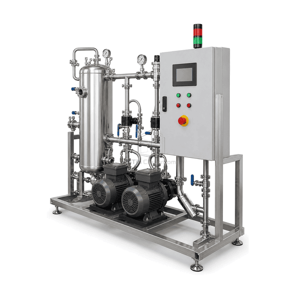 Side view of the vacuum drainage skid showing receiver and pump arrangement