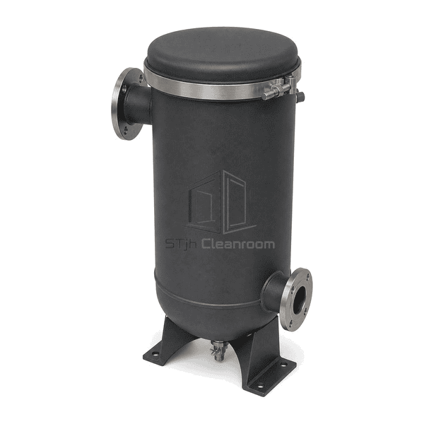 Complete vacuum exhaust HEPA filter elevated rear-left view emphasizing both remote-pipe flanges, cover clamp and mounting base