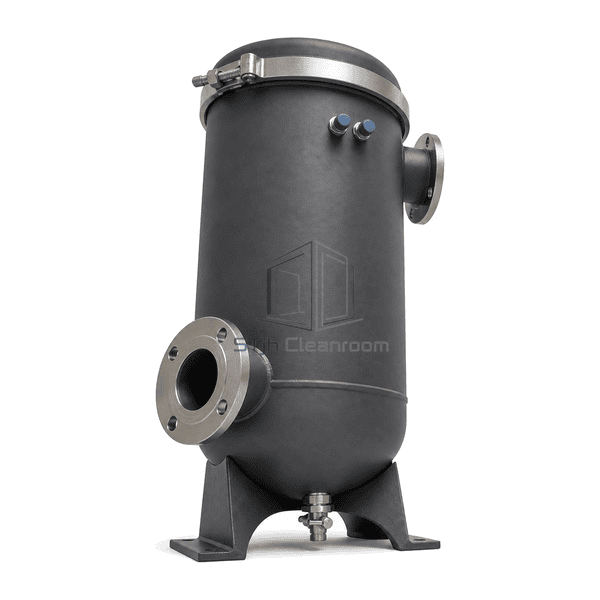 Complete vacuum exhaust HEPA filter low front-left view emphasizing two differential-pressure taps, drain valve, cover clamp and pipe joints