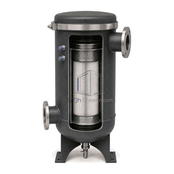 Vacuum exhaust HEPA filter side cutaway showing one installed pleated microglass cartridge inside the full-vacuum housing