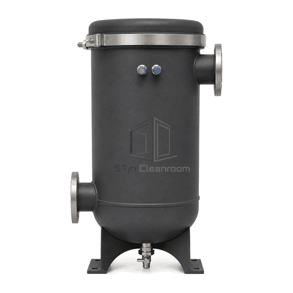 Vacuum exhaust HEPA filter straight front view showing the vertical housing, separated inlet and outlet, two pressure ports and low drain