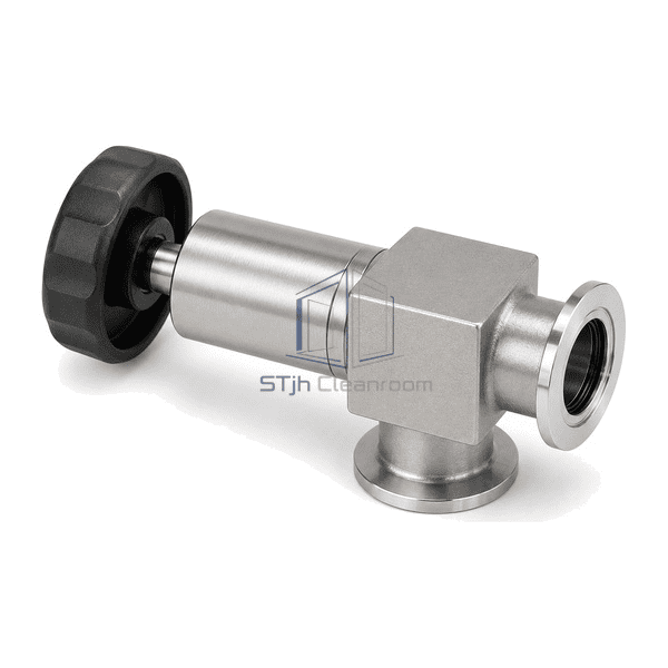 Complete vacuum point-of-use valve elevated rear-left view in a horizontal installation attitude with both KF16 ports and manual operator visible