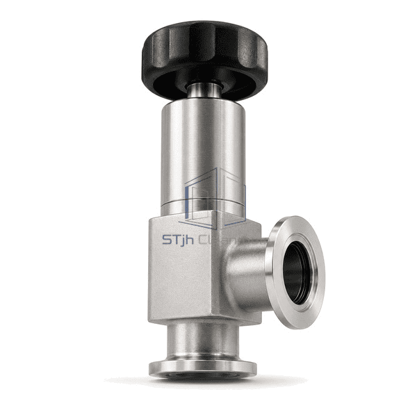 Complete vacuum point-of-use valve low three-quarter view emphasizing both machined KF16 sealing lands and the body-to-bonnet interface