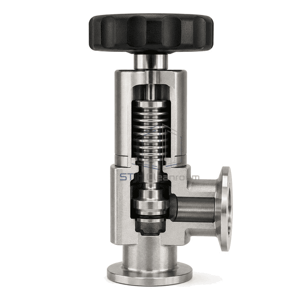 Complete vacuum point-of-use valve right-side section revealing the single stainless bellows, stem, poppet and dark FKM seat inside the 316L body