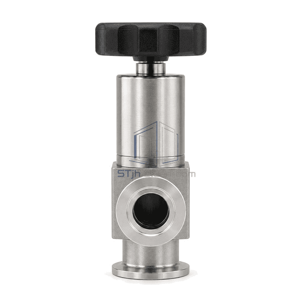 Vacuum point-of-use valve straight front elevation showing the compact DN10 right-angle body and two equal KF16 flange rims