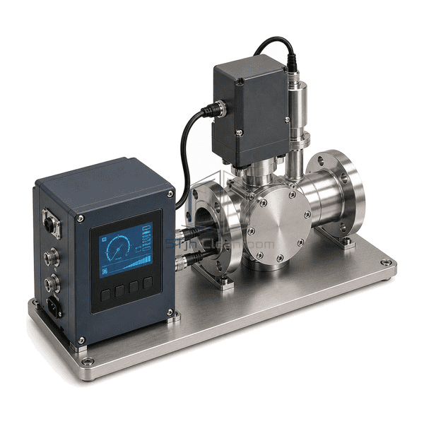 Vacuum pressure controller elevated rear view showing the horizontal process-to-pump flow axis, power inlet and communications connectors