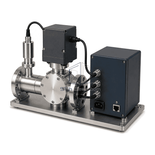 Complete vacuum pressure controller low interface view emphasizing the capacitance sensor tee, actuator connection and flange sealing faces