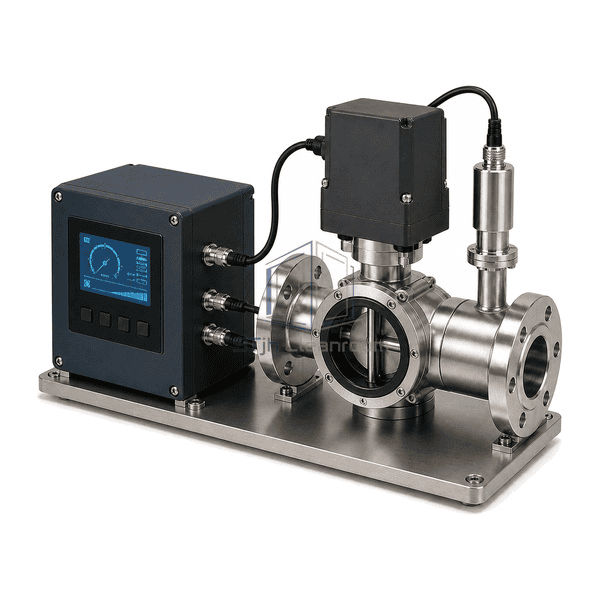Complete vacuum pressure controller side view with localized throttle-valve cutaway revealing the butterfly plate, shaft and perimeter seal