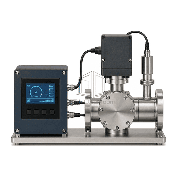 Vacuum pressure controller upright front view showing the HMI face, sensor feedback path and two opposing vacuum interfaces