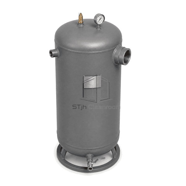 Complete vacuum receiver elevated view showing the dished top, gauge, safety fitting, opposed ports, drain and base ring