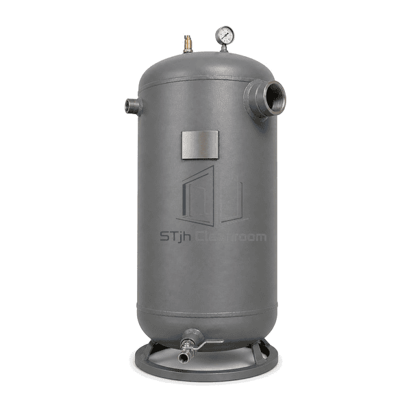 Complete vacuum receiver low front-right view emphasizing the main threaded port, gauge, safety fitting and drain interface