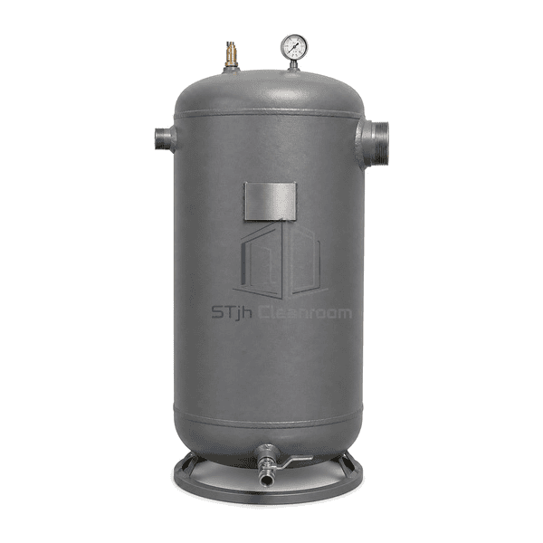 Vacuum receiver straight front view showing unequal vacuum ports, top gauge and safety valve, nameplate and bottom drain