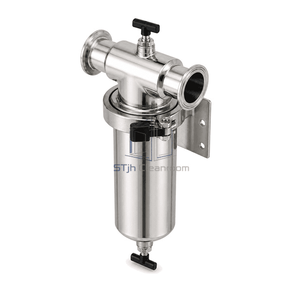 Complete vacuum sterile filter elevated rear-left view emphasizing the sanitary vacuum line axis and two-hole wall bracket