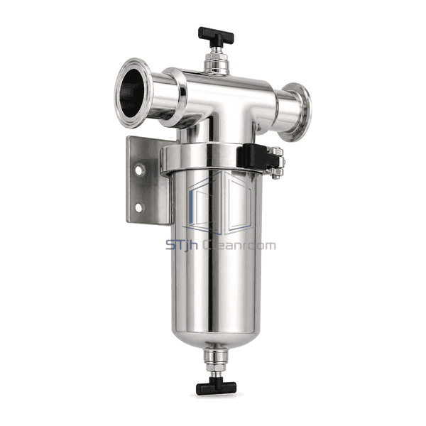 Complete vacuum sterile filter low front-left view emphasizing the Tri-Clamp ferrules, body closure, top vent and low-point drain
