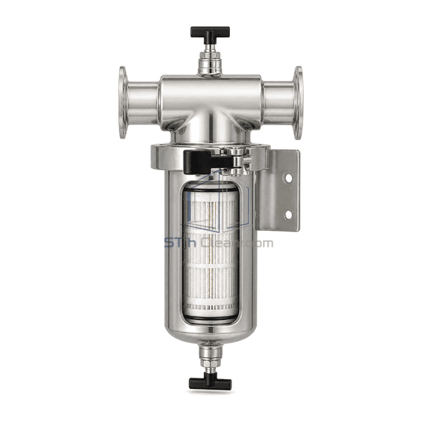 Vacuum sterile filter side cutaway showing one hydrophobic pleated PTFE cartridge inside the full-vacuum 316L housing