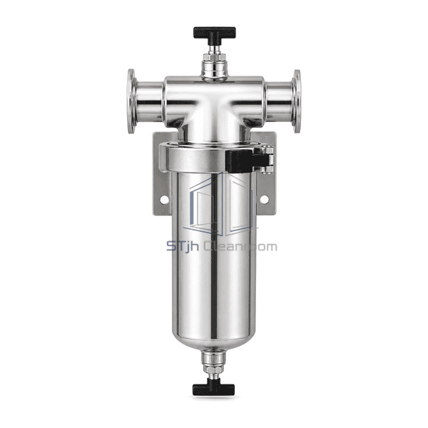 Vacuum sterile filter straight front view showing the single housing, opposed sanitary ports, closure ring, top vent and bottom drain
