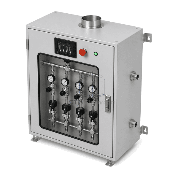 Complete valve manifold box elevated rear-side view showing enclosure depth, exhaust collar and separated inlet, outlet and control connections