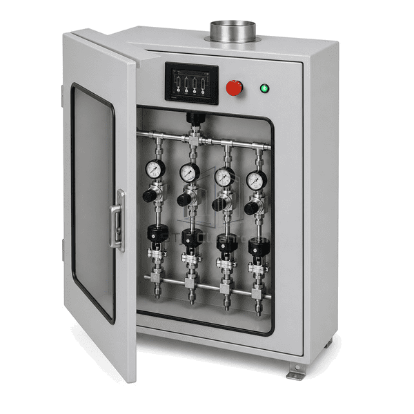 Complete valve manifold box low interface view emphasizing four branch outlet joints, diaphragm shutoff valves and lower utility routing
