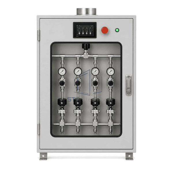 Valve manifold box upright front view showing four parallel gauges, regulators, branch valves and dedicated outlet lines behind the safety window