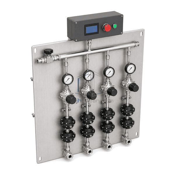 Complete valve manifold panel elevated rear-left view emphasizing common inlet header routing, four branch drops and backplate mounting slots