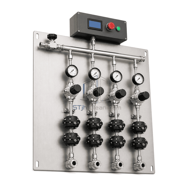 Complete valve manifold panel low front view emphasizing four branch outlet face-seal joints, lower diaphragm valves and purge connections