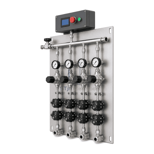 Complete valve manifold panel right-side service view showing open regulator depth, stick spacing and accessible rear tubing supports