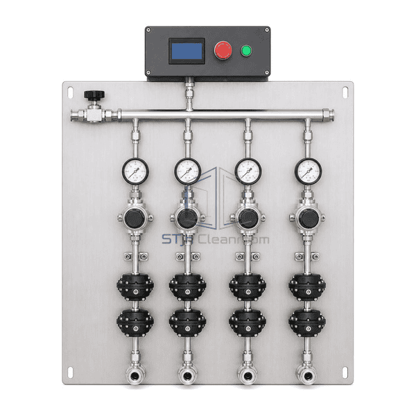 Valve manifold panel upright front view showing four gauges, four regulators, eight diaphragm valve actuators and four aligned tool outlets