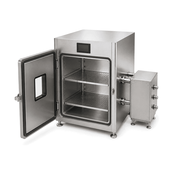 Open chamber view of perforated shelves and vapour distribution returns