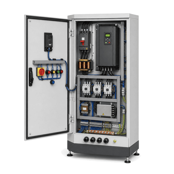 Open side view showing drive, bypass contactors and cable segregation