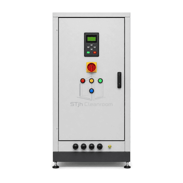 Front view of VFD keypad, isolator handle and status lights