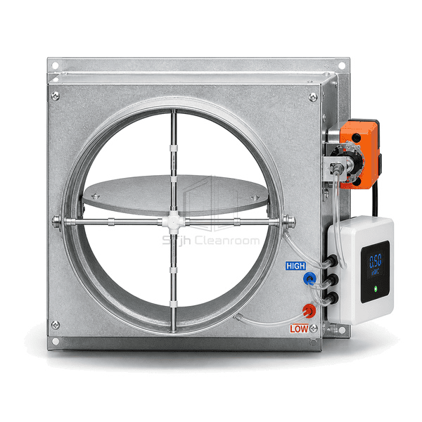 Front view through VAV terminal showing damper blade and airflow sensing cross