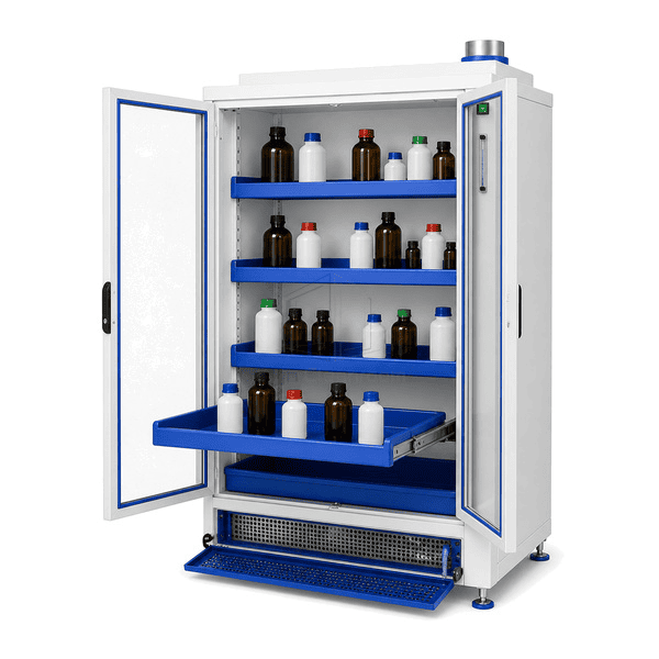 Open ventilated chemical cabinet showing retention trays lower intake plenum airflow sensor and exhaust duct