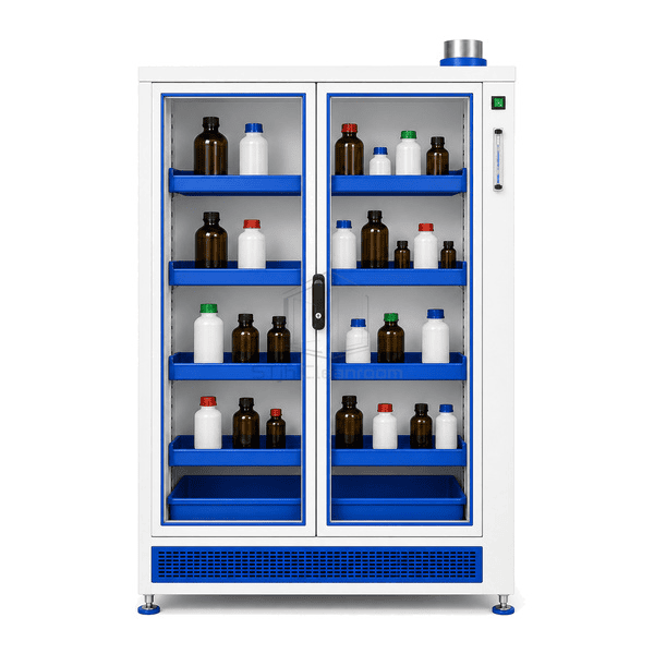 Front view of ducted chemical cabinet airflow display and retention trays