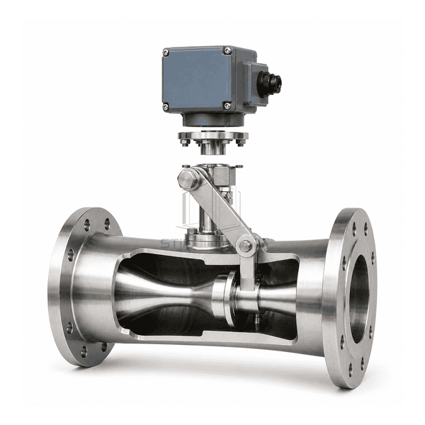 Close view of Venturi valve actuator arm cone shaft and stainless body joint