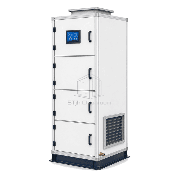 Three-quarter view of vertical AHU base and top discharge