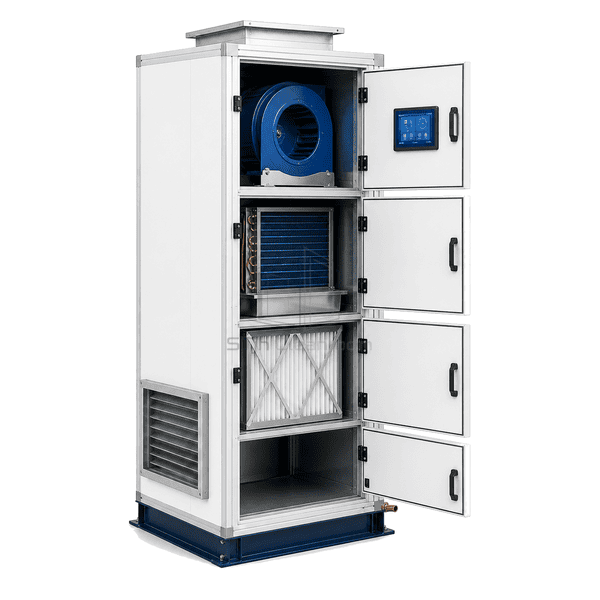 Cutaway vertical AHU showing filter coil fan and upward airflow